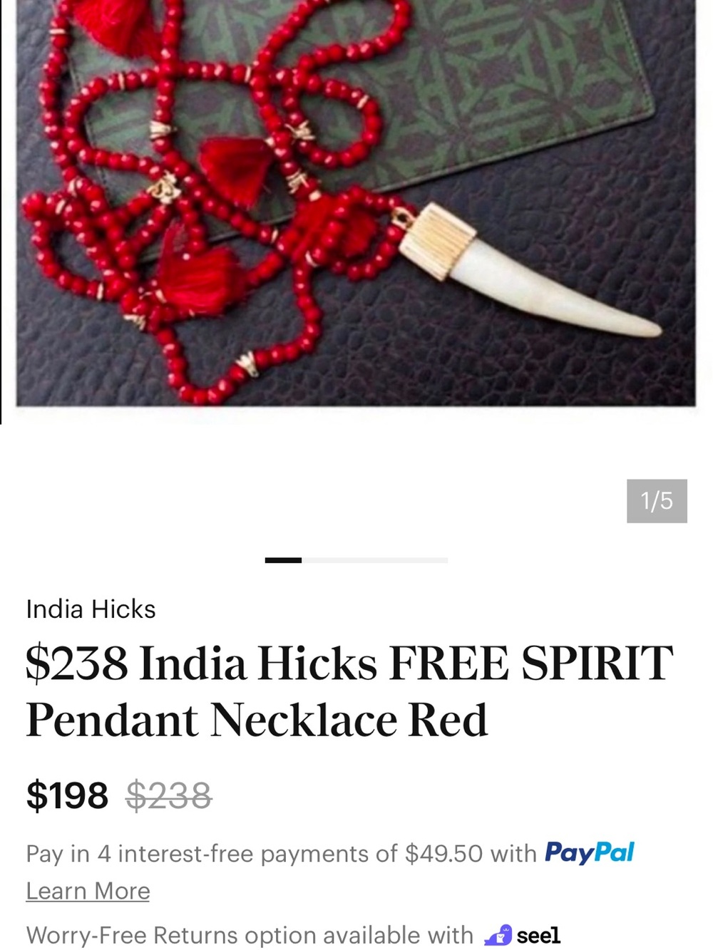 India Hicks Red Beaded Necklace with Ivory Horn Pendant and Tassels - Picture 3 of 3